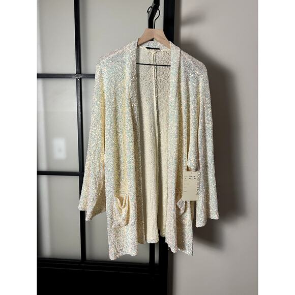 NWT Doe & Rae White Sequin Cardigan Size Large - Picture 1 of 7